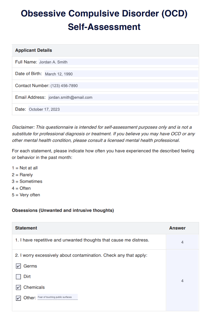 Obsessive Compulsive Disorder (OCD) Test &amp; Example | Free PDF Download